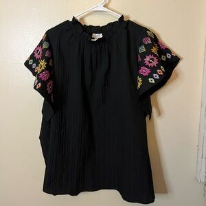 Chic Black Blouse with Colorful Embroidery